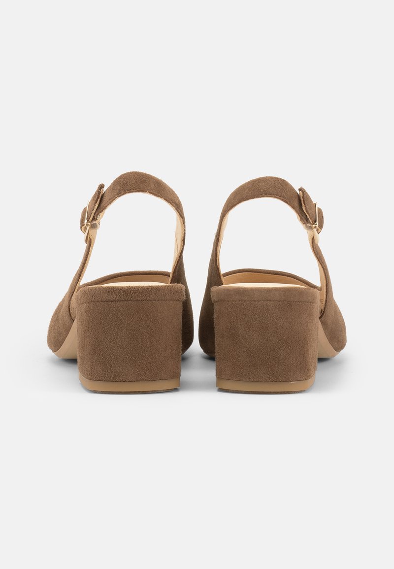 Braune Slingback-Schuhe aus Wildleder mit niedrigem Blockabsatz und Schnallenriemen, von hinten auf weißem Hintergrund gesehen.