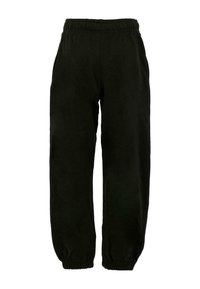 Zwarte joggingbroek met een elastische tailleband, voorzien van een ruime pasvorm en elastische boorden bij de enkels, gemaakt van zachte stof met een gladde textuur.