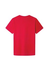 Camiseta de algodón roja con mangas cortas, diseño de cuello redondo y textura suave, mostrada por la parte de atrás, sin gráficos ni logotipos.