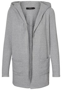 Šedý pletený kardigan s kapucí, otevřeným předním dílem, dvěma předními kapsami a žebrovanou strukturou. Neformální design vhodný pro vrstvení.