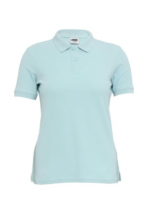 Lyseblå poloshirt i bomull med krage, treknappers lukking og korte ermer med splitt i siden nederst.