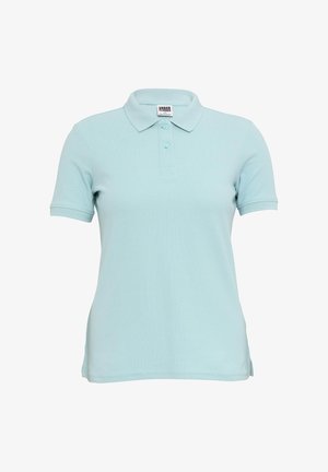 Hele sinine puuvillane polo särk, millel on kraega kaelus, kolm nööpi ja lühikesed varrukad koos külje lõhikuga servas.