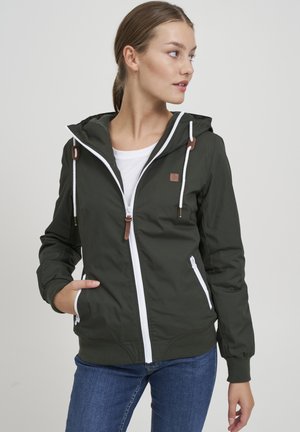 Green hooded jacket made of smooth fabric; features white zipper, drawstrings, and brown accents; fitted with side pockets and ribbed cuffs.