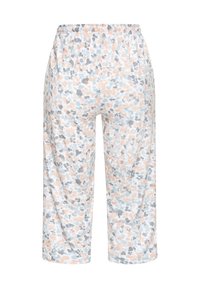 Lightweight, stretchy pants with an elastic waistband, featuring a multicolored speckled pattern in soft pastels and gray on a white background.