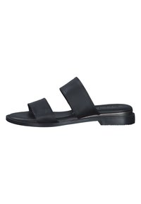 Sandale à glissière en cuir noir avec une semelle plate, deux larges brides traversant le pied, et un design minimaliste. Semelle extérieure en caoutchouc durable.