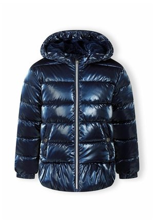 Doudoune bleu marine brillante avec piqûres horizontales, fermeture éclair frontale, capuche et deux poches à boutons-pression.