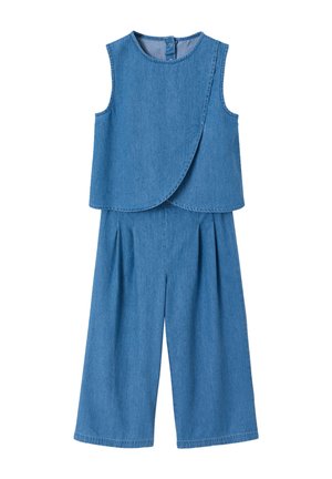 Sleeveless blue denim top with asymmetrical front overlay and matching wide-leg cropped pants with pleats.