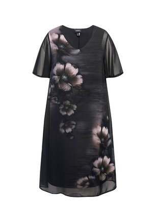 Vestido negro con flores, con escote en V y mangas cortas transparentes, que presenta un diseño de flores blancas y rosas sobre un fondo oscuro texturizado.