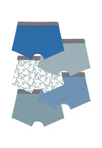 Τέσσερα ζευγάρια ανδρικά σορτς: μονόχρωμο μπλε, ανοιχτό μπλε με ρίγες και με σχέδιο Πύργων του Άιφελ σε λευκό φόντο. Γκρίζες ζωνάρες με ρίγες.