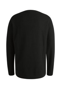 Schwarzes Langarmshirt mit Rundhalsausschnitt. Verfügt über eine glatte, einfarbige Textur und eine lässige Passform, ohne sichtbare Marken oder Muster.