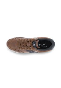 Sneaker in pelle marrone con punta arrotondata, design con lacci e una striscia blu a contrasto. Presenta un esterno testurizzato e un collo imbottito.
