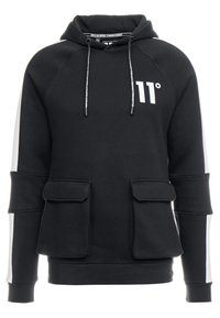 Černá mikina s kapucí s bílými svislými pruhy na rukávech, dvěma předními kapsami s klopami, šňůrkami a bílým logem "11°" na hrudi.