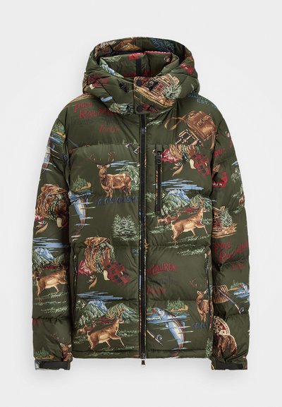 Green puffer jacket with hood featuring outdoor-themed illustrations of deer, fish, mountains, and vintage fishing gear with logo text.