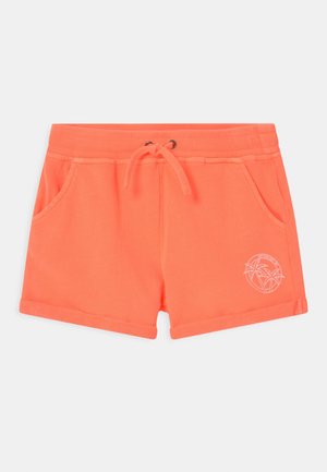 Pantaloncini arancio corallo con coulisse, risvolti, tasche laterali e un piccolo logo di palma bianca sulla gamba destra.