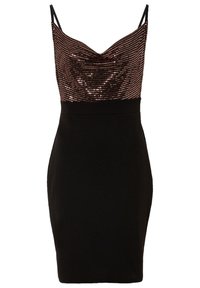 Robe noire à silhouette ajustée. Le corsage présente un motif en sequins cuivre, tandis que la jupe est lisse et simple. Fines bretelles.