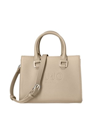 Sac à main en cuir beige avec deux poignées et une bandoulière réglable, embossé de "LIU·JO MILANO" à l'avant.