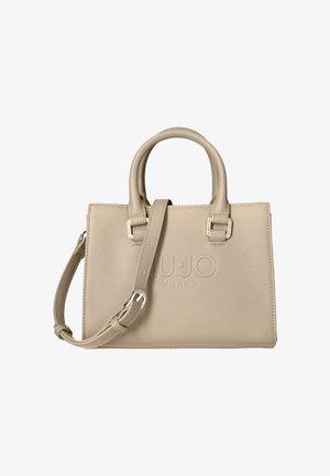 Sac à main en cuir beige avec deux poignées et une bandoulière réglable, embossé de "LIU·JO MILANO" à l'avant.