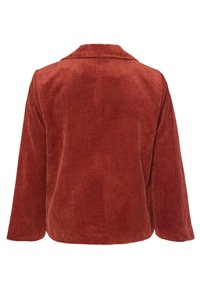 Roodbruine corduroy jas met een kraag, lange mouwen en verticale ribbels. Heeft een losse pasvorm en zacht materiaal.
