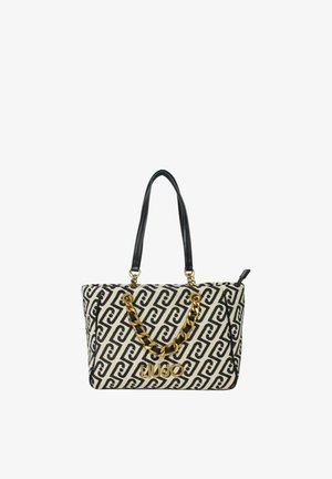Borsa a mano in bianco e nero con manici in pelle nera, dettaglio a catena dorata e logo "LIU JO" dorato sulla parte frontale.