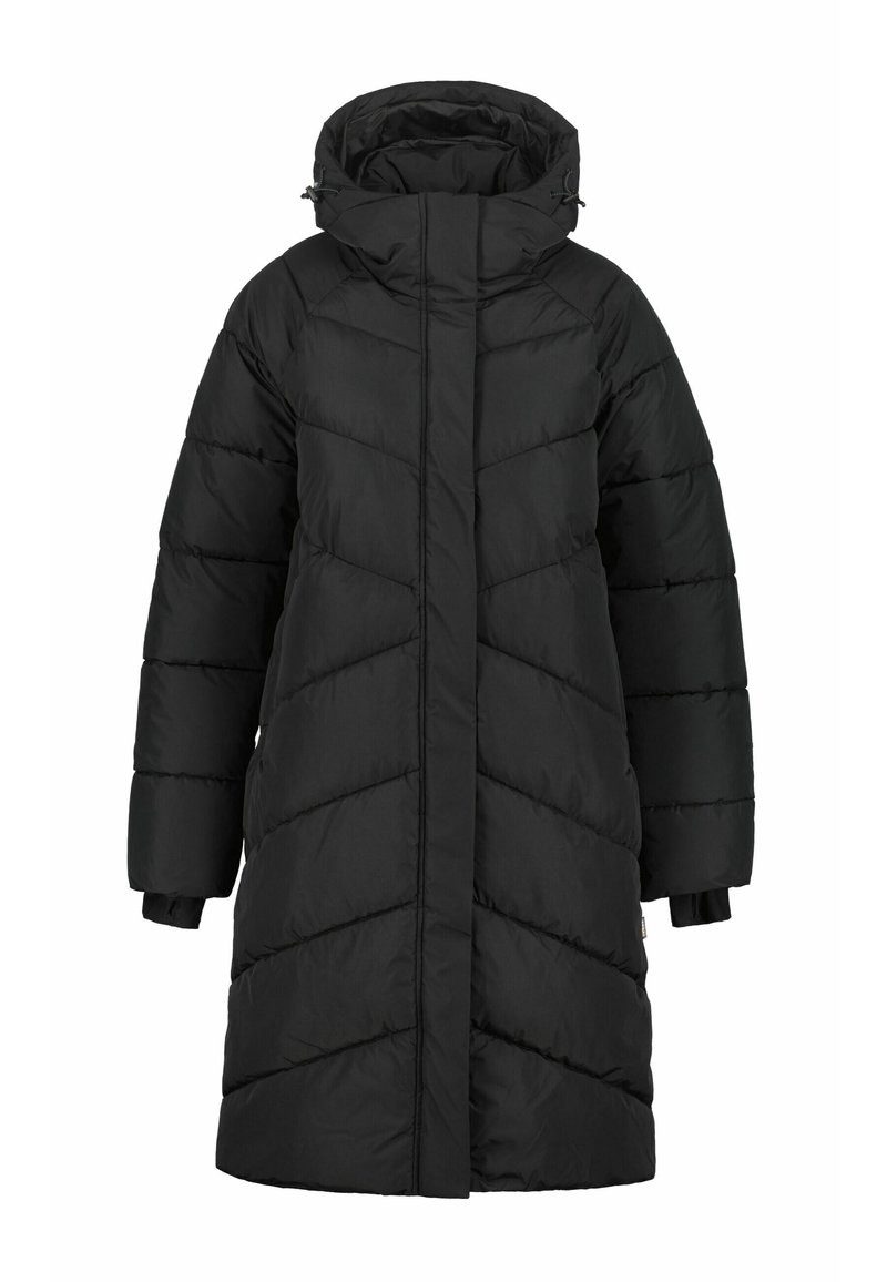 Sort puffy jakke med hætte, præget af et quiltet design med diagonale linjer, raglanærmer og elastiske manchetter. Frontlynlås.