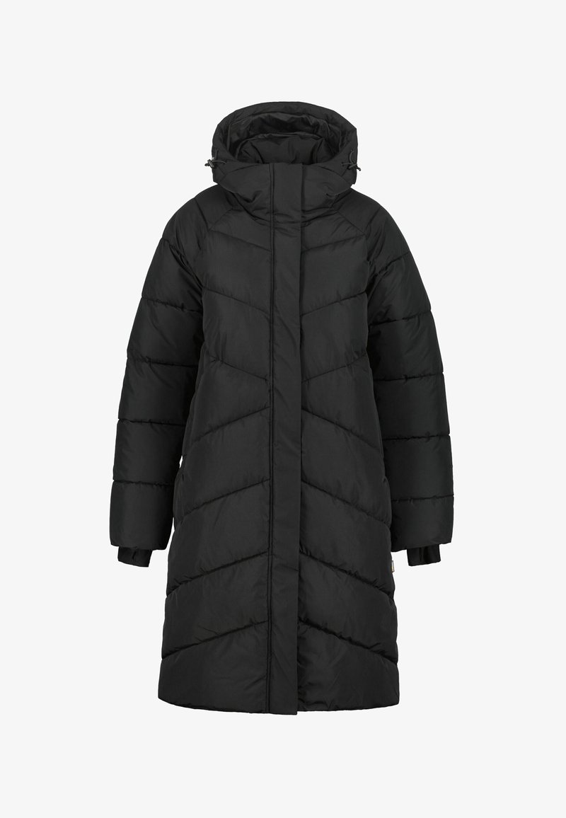 Sort puffy jakke med hætte, præget af et quiltet design med diagonale linjer, raglanærmer og elastiske manchetter. Frontlynlås.