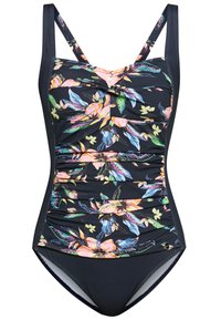 Maillot de bain une pièce noir avec un motif floral multicolore, fronces à l'avant et bretelles ajustables. Tissu lisse et couverture modérée.