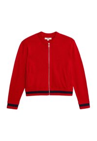 Cardigan rosso con zip, realizzato in tessuto a maglia, caratterizzato da un collo rotondo, due tasche laterali e dettagli a costine blu navy all'orlo e ai polsini.
