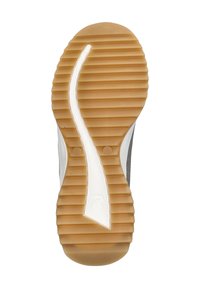 Schoenzool met een rubberen loopvlakpatroon met groeven, een witte stripe en een bruine buitenlaag. Gecontourde vorm voor grip.