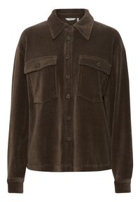 Bruine corduroy overhemdjacket met een klassieke kraag, twee borstzakken, knoopsluiting en lange mouwen met geknoopte manchetten.