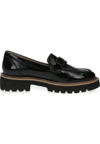 Mustaläikivast nahast loafer-kingad, millel on paks, tekstuuritud must kummitald ja dekoratiivne pandla detail vööri.
