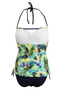 Twee-delige zwemtop met halternek, met een witte buste en een gele onderkant met een multikleurige tropische ananas- en bloemprint.
