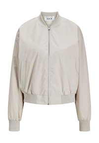 Lys beige bomberjakke med glidelås foran, elastisk midje og mansjetter. Laget av glatt materiale; har sidelommer og rund krage.