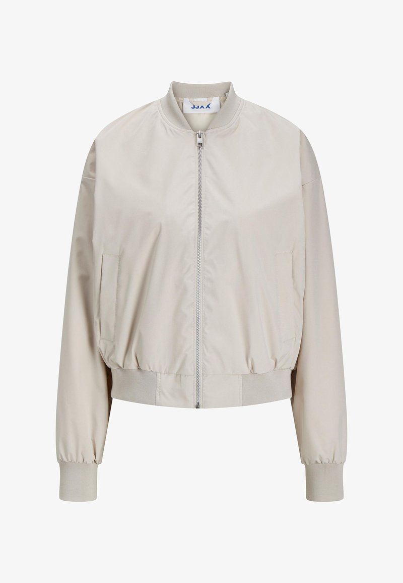 Lichtbeige bomberjack met een rits aan de voorkant, elastische tailleband en manchetten. Gemaakt van glad materiaal; heeft zijzakken en een ronde kraag.