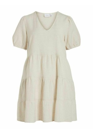 Cremfarbendes Kurzarmpkleid mit V-Ausschnitt, gestuftem Design und gerafften Puffärmeln, aus einem weichen Stoff hergestellt.