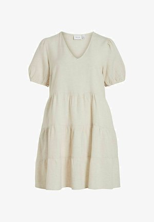 Cream-colored short-sleeve dress with a V-neck, tiered design, and gathered puff sleeves made from a soft fabric.