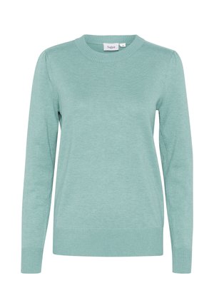 Ljus turkost långärmad tröja med rund halsringning och ribbade muddar och nederkant, märkt storlek medium, märke "Saint."