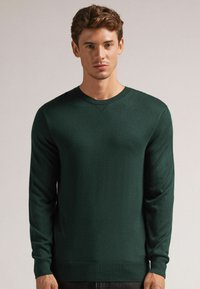 Dunkelgrüner Strickpullover mit Rundhalsausschnitt, langen Ärmeln und gerippten Bündchen und Saum. Glatte Textur, minimalistisches Design.