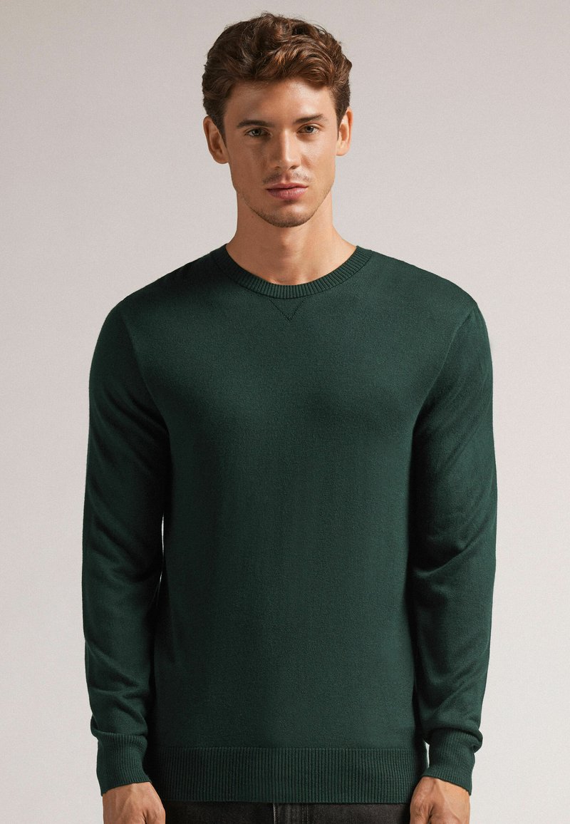 Dunkelgrüner Strickpullover mit Rundhalsausschnitt, langen Ärmeln und gerippten Bündchen und Saum. Glatte Textur, minimalistisches Design.