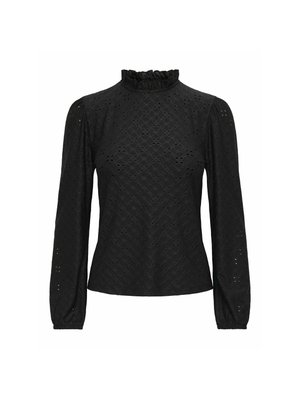 Black long-sleeve blouse with a ruffled high neckline, featuring a textured eyelet pattern throughout and gathered sleeves at the cuffs.