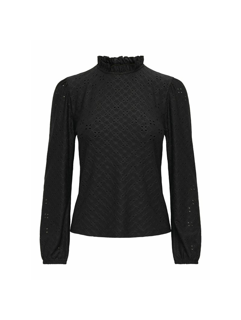 Zwarte blouse met lange mouwen en een gerimpelde hoge hals, met een gestructureerd gaatjespatroon en gathered mouwen bij de manchetten.