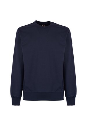 Navyblauw sweatshirt met lange mouwen en ronde hals, voorzien van geribbelde boorden en zoom, weergegeven op een witte achtergrond.