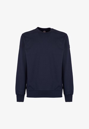 Felpa blu navy a maniche lunghe con scollo rotondo, polsini e orlo a coste, mostrata su sfondo bianco.