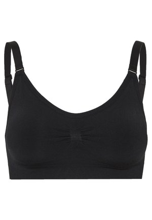 Soutien-gorge noir en tissu extensible à coque souple. Il présente des bretelles réglables, un centre froncé et une texture lisse sans armatures.
