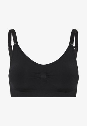 Čierny mäkký podprsenkový top vyrobený z elastickej látky. Má nastaviteľné ramienka, zhrnuté stredové zdobenie a hladký povrch bez kostíc.