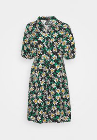 Blumenkleid mit schwarzem Hintergrund, weißen Gänseblümchen und grünen Akzenten, kurzen Ärmeln, Knopfleiste und tailliertem Schnitt.