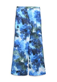 Weite Hosen aus leichtem Stoff mit einem abstrakten Muster in Blau und Grün, einer glatten Textur und einem hohen Bund.