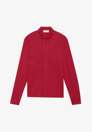 Camicia rossa a maniche lunghe in cotone. Caratterizzata da un colletto classico, bottoni frontali e polsini con una texture liscia. Nessun motivo o accento.