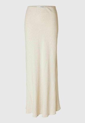 Langer, elfenbeinfarbener Rock aus weichem Stoff, mit geradem Schnitt und einer glatten, fließenden Textur. Keine sichtbaren Muster oder Hardware.