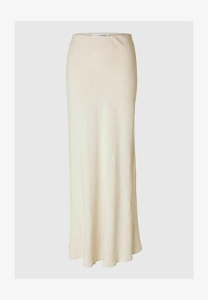 Langer, elfenbeinfarbener Rock aus weichem Stoff, mit geradem Schnitt und einer glatten, fließenden Textur. Keine sichtbaren Muster oder Hardware.