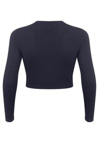 Marinefarbener, kurz geschnittener Langarm-Top aus einem glatten, dehnbaren Material. Mit einem runden Ausschnitt und enganliegenden Ärmeln. Einfaches Design, keine Muster.